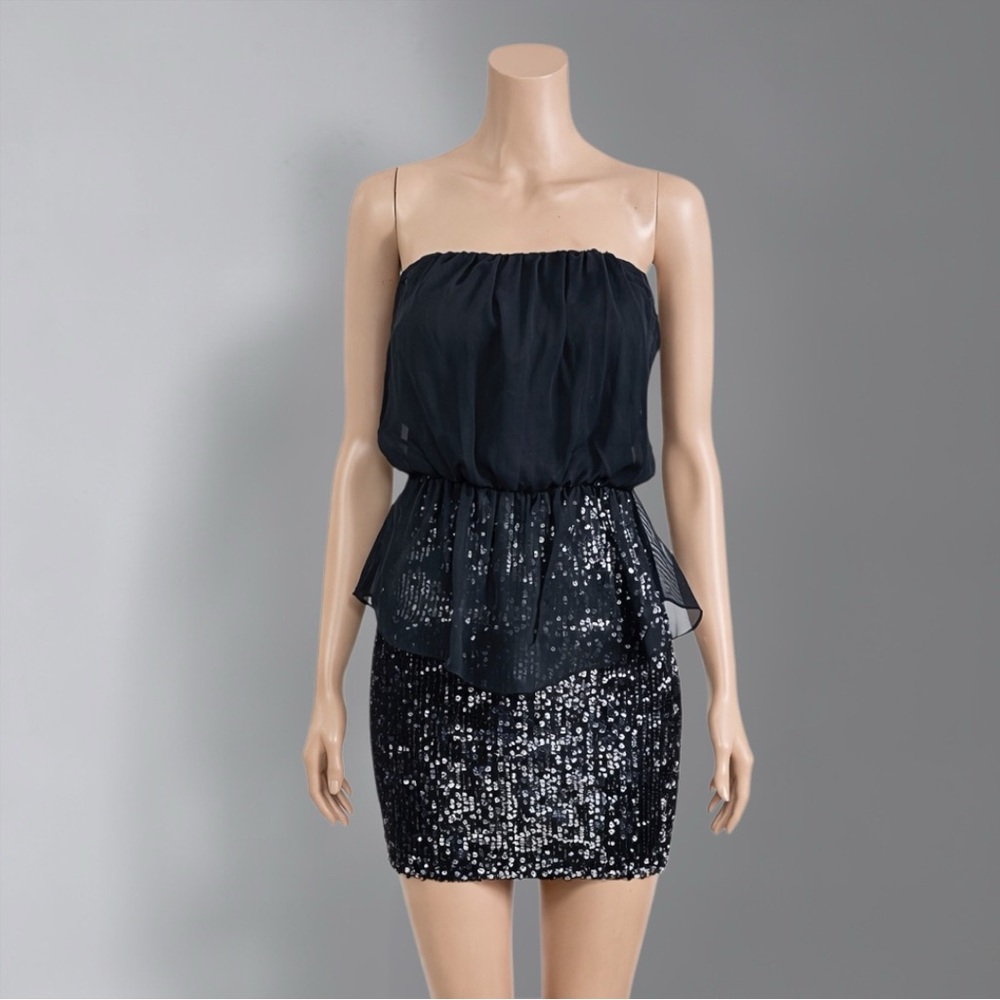 Windsor Black Sequin Strapless Peplum Mini Dress